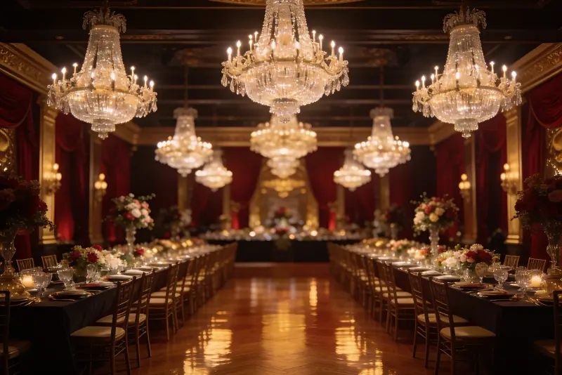 Elegant banquet hall with chandeliers set for a gala — Speranza Banquet Hall