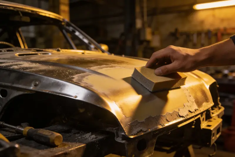 Technician prepping a car body panel in a collision workshop — Fix Auto