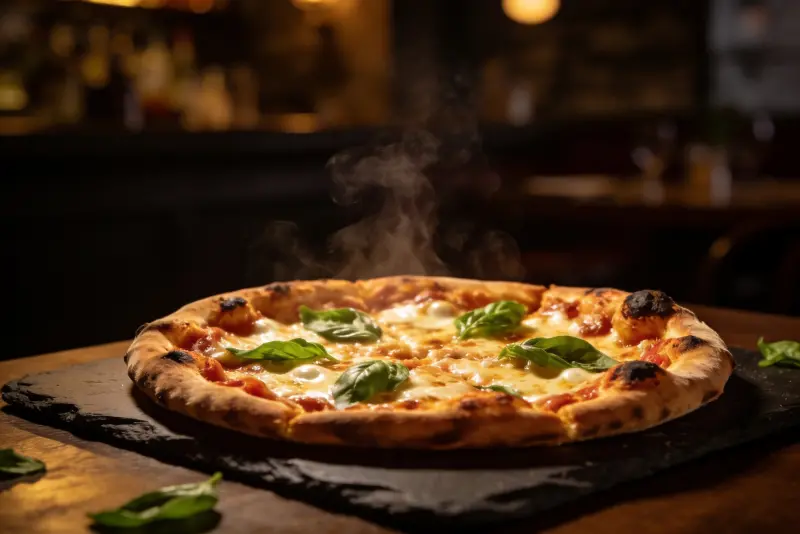 Wood-fired pizza on dark slate in warm restaurant light — Chandigarh Pizza