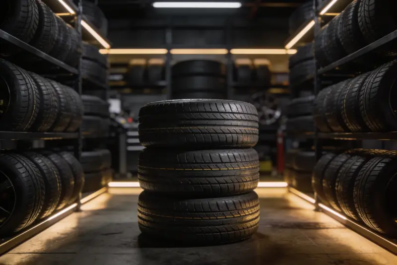 Tire shop interior with stacked performance tires — New Millenium Tire