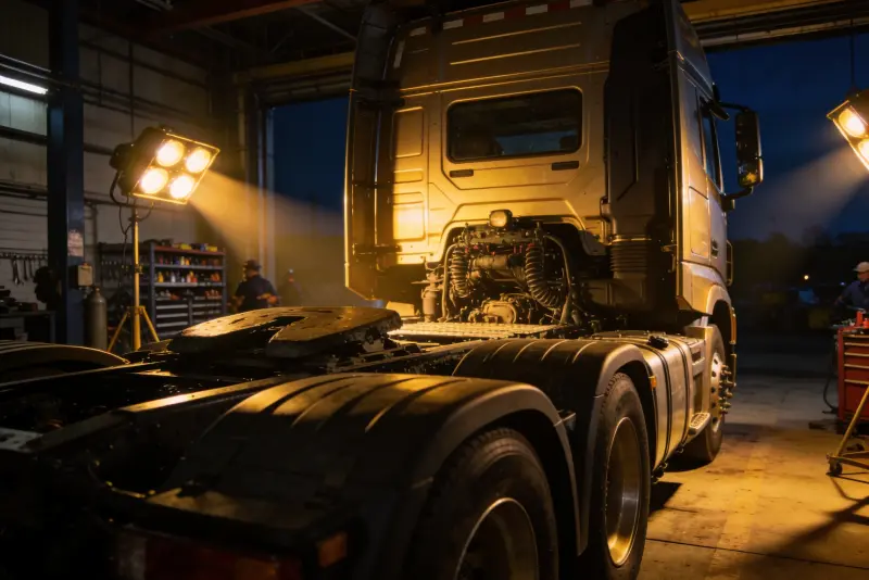 Semi truck in a repair service bay at night — Uptime Truck Repair