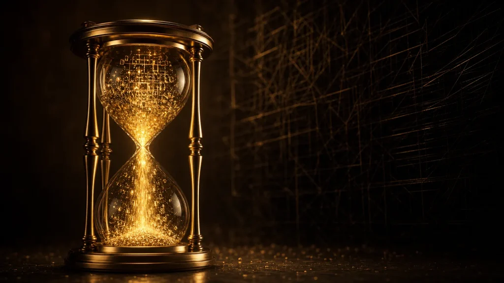 A gold hourglass whose falling sand is made of luminous data particles, against a dark wireframe wall — the shrinking window between a WordPress vulnerability being disclosed and being exploited.