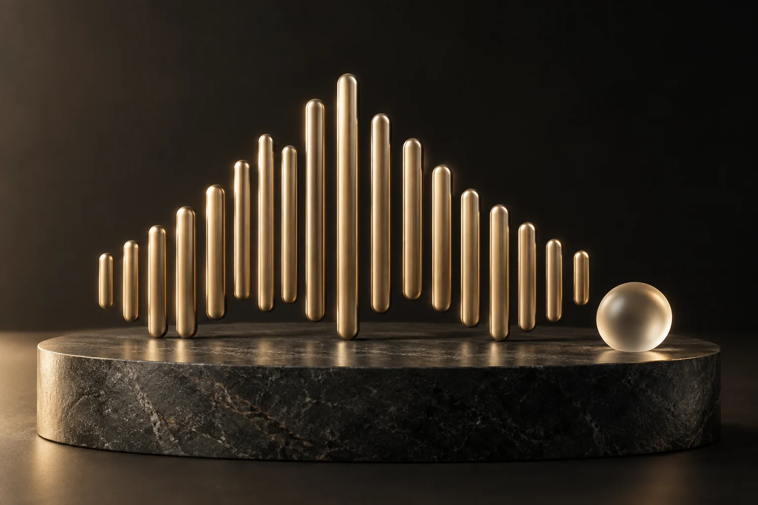 Concept illustration of a sculptural gold sound waveform representing AI voice interaction