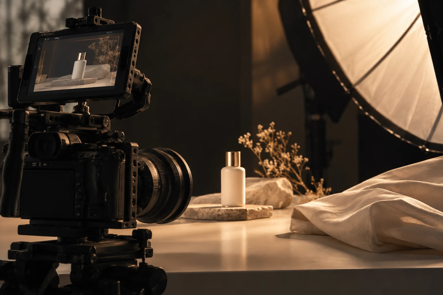 Concept illustration of a commercial camera filming a product in a warmly lit studio
