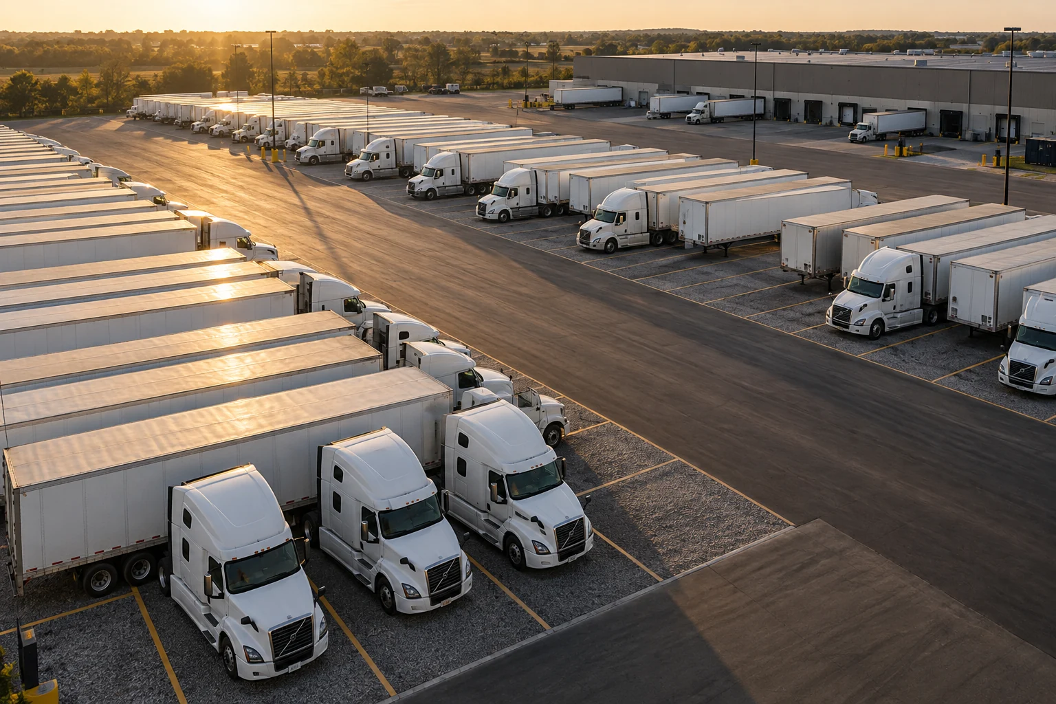 Illustrative aerial view of an organized truck parking yard